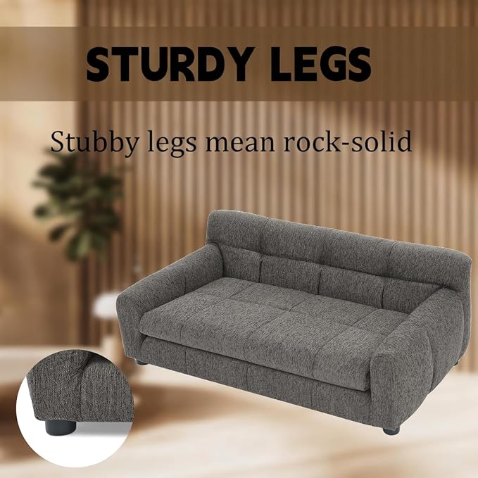 Dog Couch Bed with Backrest and Armrest, Durable Pet Sofa with Upholstered Foam Cushion, Elevated Dog Couch Bed with Legs for Medium Dogs, Stone Grey
