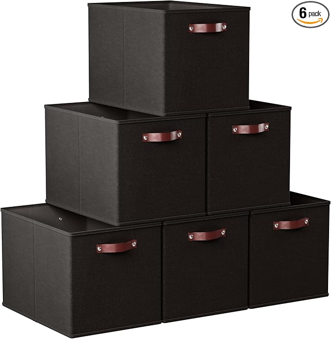 Ornavo Home 13x15x13 Foldable Fabric Storage Cube Bins, 6 Pack, Black | Collapsible Linen Shelf Basket Organizer; Leather Handles; Fits Cube Storage Shelving Units