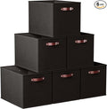 Ornavo Home 13x15x13 Foldable Fabric Storage Cube Bins, 6 Pack, Black | Collapsible Linen Shelf Basket Organizer; Leather Handles; Fits Cube Storage Shelving Units