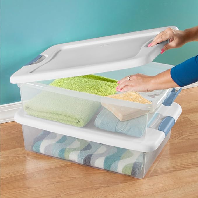 Sterilite Latching Box with Lids for Home and Office, 32 Quart, 12-Pack | Heavy-Duty and Stackable Plastic Containers with Latches for Closet, Cabinet, Bedroom, Bathroom and Dorm Room Organization
