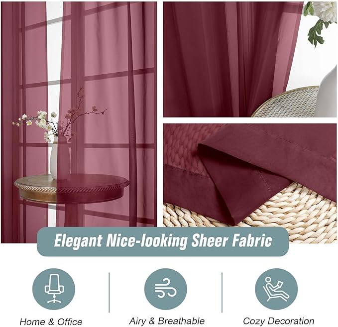 Sheer Curtains for Window 96 Inches Long 2 Panels Set, Soft Airy Light Filtering Voile Sheer Curtains for Living Room Bedroom, Dual Rod Pocket Elegant Window Drapes, Burgundy, 2x42Wx96L Inches