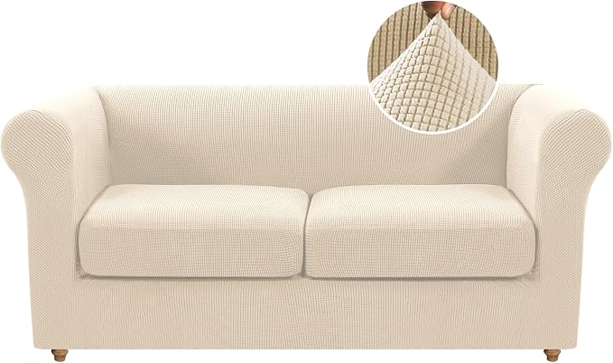 H.VERSAILTEX 3 Pieces Loveseat Slipcovers for 2 Cushion Couch Stretch Traditional Chesterfield Loveseat Cover Mid Century Deep Seat Couch Cover, Thicker Jacquard Fabric(Medium Sofa, Natural)