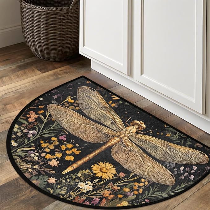 Dragonfly Half Round Door Mat Outdoor Doormat Bedroom Entrance Rug A20 | Dragonfly Flower Floral Semi Moon Door Mat Non-Slip Absorbent Kitchen Rug Indoor Welcome Bath Mat 36" X 24"