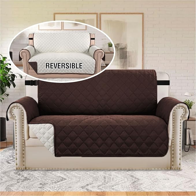 H.VERSAILTEX Reversible Loveseat Cover for 2 Cushion Couch Water Repellent Large Cushion Protector Dog Couch Protector Non Slip Furniture Protector with Elastic Strap(Oversized Loveseat, Brown/Beige)