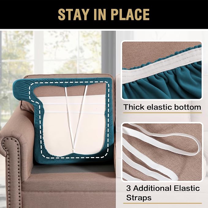 H.VERSAILTEX Stretch Velvet 2 Piece T Cushion Sofa Slipcovers - Individually Fitted Cushion Covers for 2 Couch Seat Cushions - Stay in Place (Deep Teal)