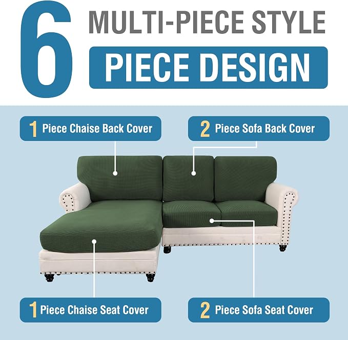 H.VERSAILTEX Sectional Couch Covers 6 Pieces Stretch Sofa Cover for Sectional Sofa Set Separate L Shaped Couch Cover for Both Left/Right Couch (Seat and Back: 1 Chaise + 2 Sofa, Bronze Green)