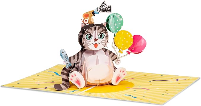 Paper Love Birthday Pop Up Cards 2 Pack - Includes 1 Happy Birthday Cat and 1 Happy Birthday, For Adults or Kids -5" x 7" Cover - Includes Envelope and Note Tag