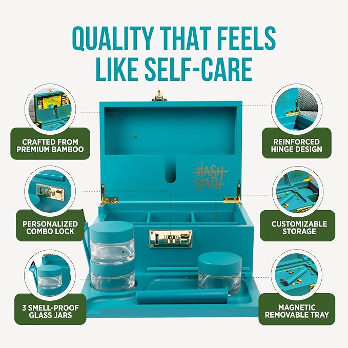 The OG Stash Storage Box - Large Bamboo Box with Combination Lock, Magnetic Lid, Organizer Tray, 3 Jars, Brush and Tube - Decorative Wooden Locked Storage Box with Accessories (Teal/Gold)