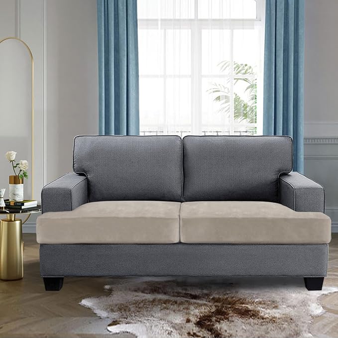 H.VERSAILTEX Stretch Velvet 2 Piece T Cushion Sofa Slipcovers for Living Room Individually Sofa Covers for 2 Cushion Seat Cushion Covers Stay with Elastic Bands (Sofa, French Oak)