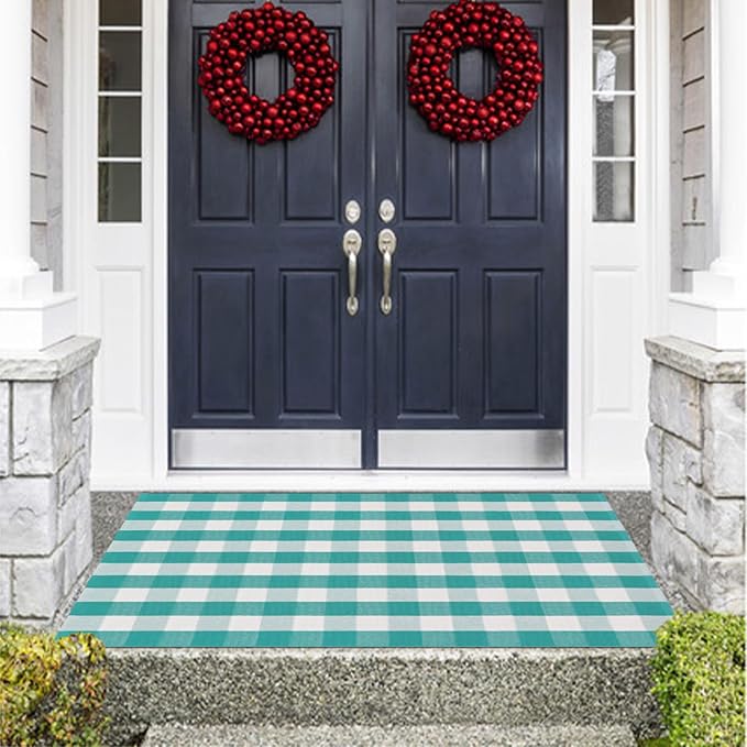 Spring Rugs Green and White Plaid, 4'x6' Area Rug Outdoor Indoor Summer Front Porch Door Mats Cotton Hand-Woven Layered Doormat for Entryway Patio Entryway Laundry Bedroom Living Room
