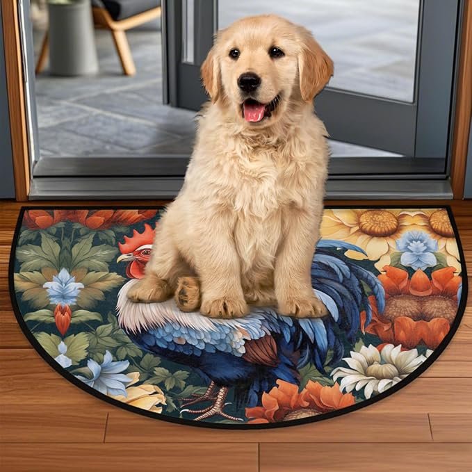 cfpolar Animals Rooster Sunflowers Half Round Door Mat Outdoor Entrance Large 24"x36" Half Circle Welcome Entrance Way Mat Semi Circular Front Door Mat Area Rug for Garage, Patio, High Traffic Areas