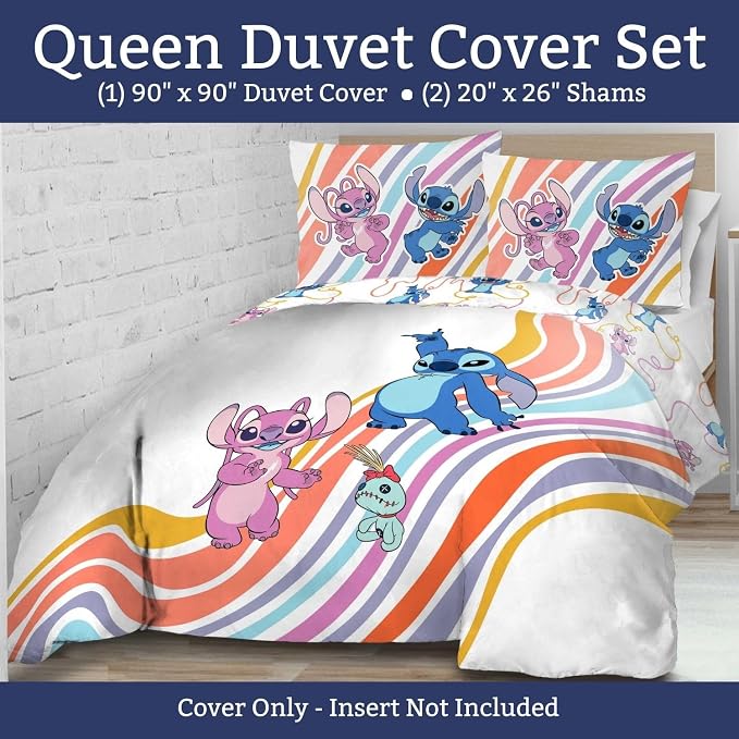 Jay Franco Duvet Cover Set – 3 Piece Comforter Cover and Sham Set, Super Soft Cozy Kids Bedding (Insert Not Included) White - Lilo and Stitch, Queen
