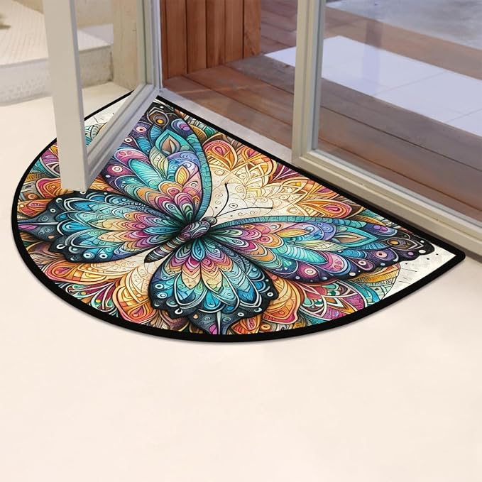 Colorful Butterfly Boho Half Round Mat Half Moon Door Rug Washable Durable Semi Circle Carpet Floor mats for Indoor Outdoor Bathroom Kitchen Patio Hearth Rug Laundry Room Home Decoration