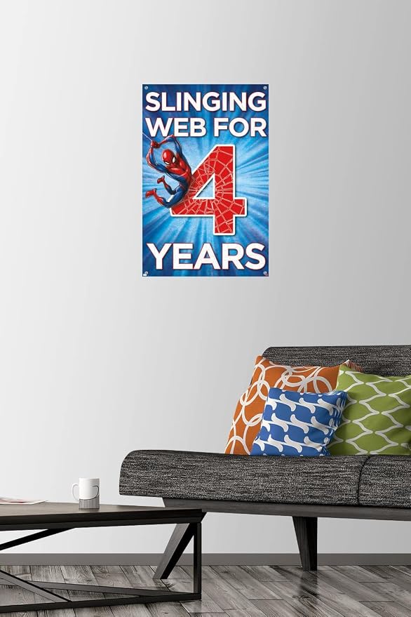 Trends International Marvel Spider-Man - Happy 4th Birthday Wall Poster, 14.72" x 22.37", Premium Poster & Push Pin Bundle