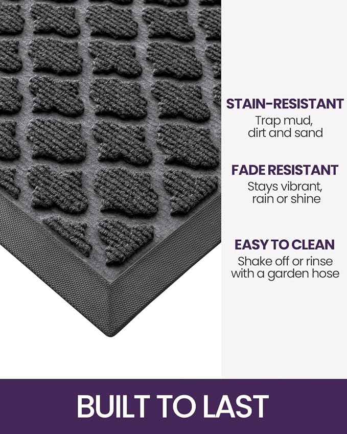 DEXI Front Door Mat Outside Entrance, 17x30 Heavy Duty Entry Doormat Dirt Trapper with Rubber Back, Non Slip Low Profile Floor Mats for Entryway Exterior Patio, Floral Black