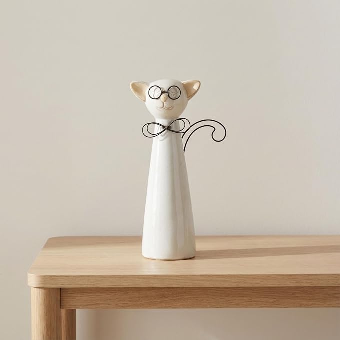 Ceramic Cat Figurine Sculpture – Playful Room Decor Accent, Shelf, Desk, or Console Placement, Whimsical Cat Home Decor With Glasses and Bow – 11", White