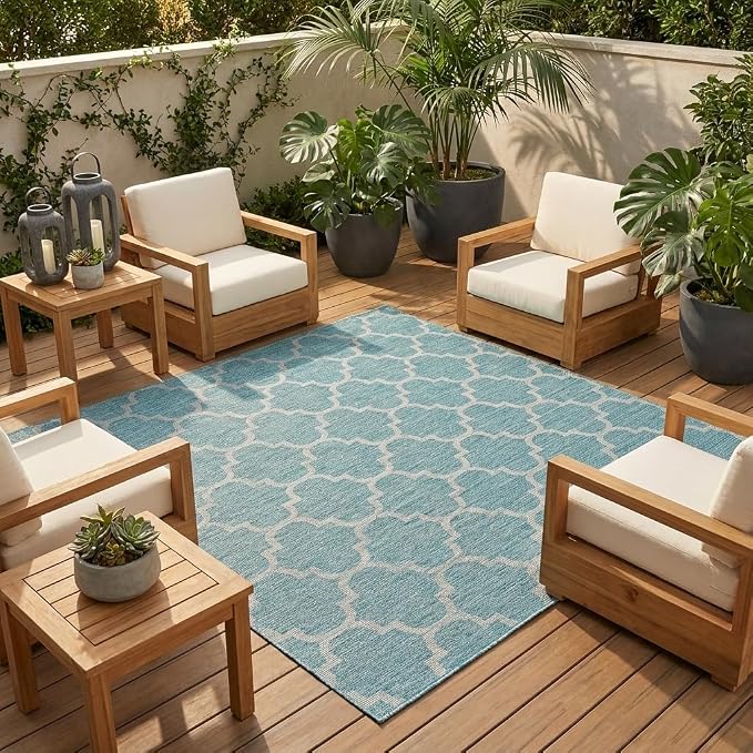 Unique Loom Outdoor Trellis Collection Area Rug (7' 10" Square, Aquamarine/ Gray)