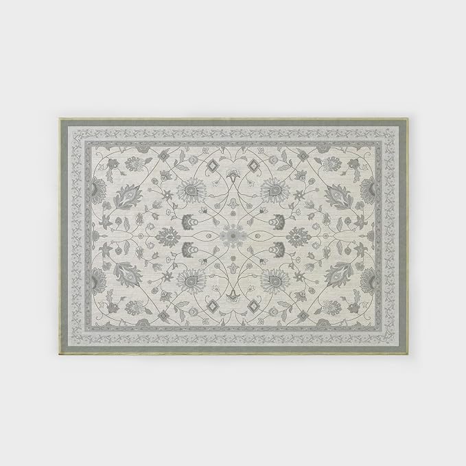 EVERGRACE Area Rugs for Living Room 4x6, Boho Floral Faux Wool Indoor Outdoor Rugs, Washable Rugs for Bedroom Entryway Dining Room Hallyway, Low Pile Floor Mat Carpet for Home Decor, Cool Gray