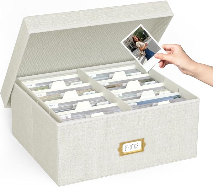 Decorative Photo Storage Box, Linen Photo Box Holds 1700 4x6 Pictures Beige | Photo Storage Containers with 8 Dividers, Memory Keepsake Organizer for Photos, Scrapbook Supplies, Cards, Stamps,Archive Box