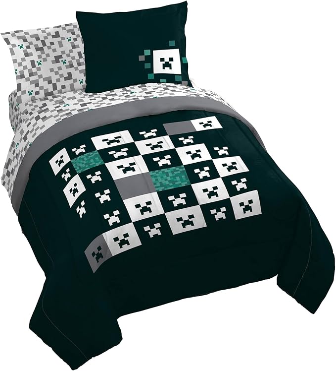 Minecraft Creeper Queen Comforter Set 7 Piece Video Game Bedding, Green | Zombie Enderman, Comforter Sheets Shams Pillowcases, Official Product, Soft Microfiber, Machine Washable, Kids Gift