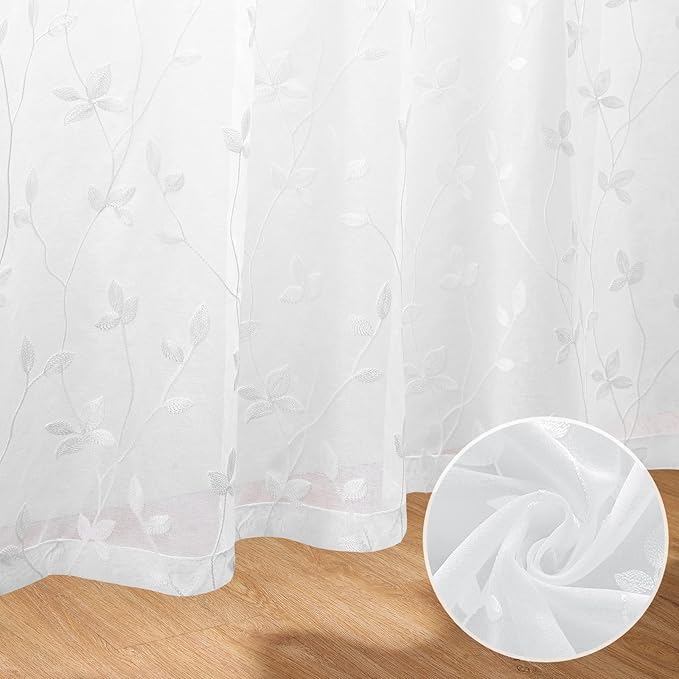 HOMEIDEAS White Sheer Curtains 52 X 84 Inches Length 2 Panels Embroidered Vine - Image 3