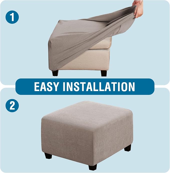 H.VERSAILTEX Square Ottoman Covers Ottoman Slipcovers Folding Storage Stool Furniture Protector Form Fit with Elastic Bottom, Stretch High Spandex Small Checks Jacquard Fabric(Large,Taupe)