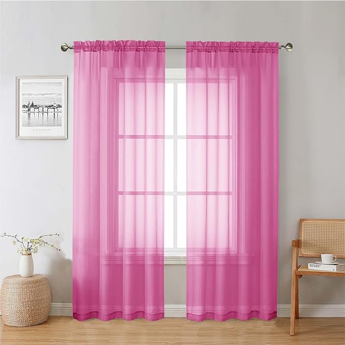 Lecloud Hot Pink Sheer Curtains 78 Inches Long 2 Panels, Rod Pockets Solid by Lecloud