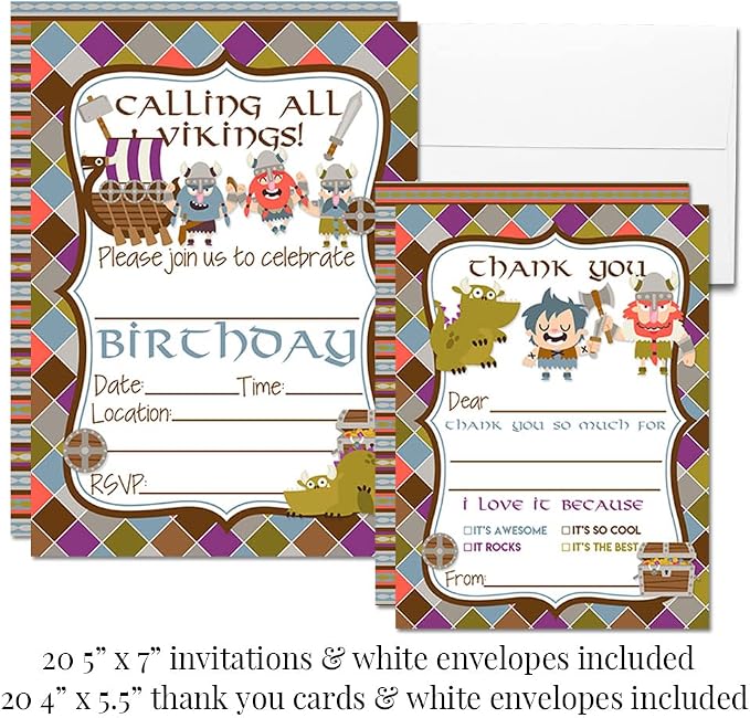 Amanda Creation Deluxe Viking Birthday Party Bundle Includes 20 Each of Invitations & Thank You Cards with Envelopes + 2 Sizes of Stickers, Mini Candy Bar Wrappers & Water Bottle Labels!