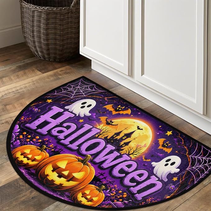 Halloween Half Round Door Mat Outdoor Doormat Bedroom Entrance Rug A5 | Halloween Pumpkin Semi Moon Door Mat Non-Slip Absorbent Kitchen Rug Indoor Welcome Bath Mat 36" X 24"