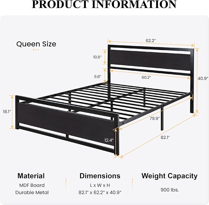 SHA CERLIN Heavy Duty Queen Size Bed Frame with Modern Headboard, Black | Platform Metal Base with Square Footboard and 13 Strong Slats Support, No Box Spring Needed