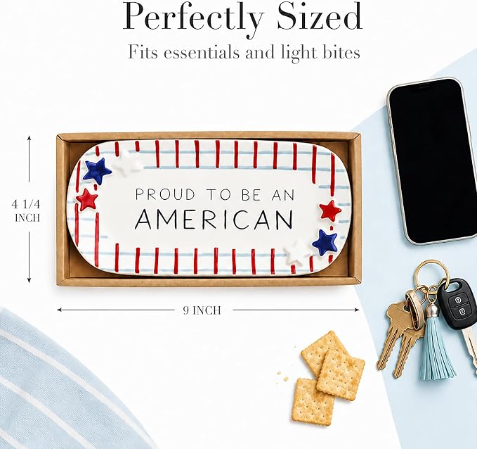 Mud Pie Blue Ceramic Plaid American Sentiment Tray