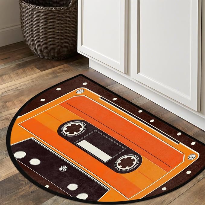 Cassette Half Round Door Mat Semi Circle Rug Half Moon Doormat | Soft Washable Retro Orange Welcome Entrance Mat for Outdoor Indoor Floor Bedroom Bathroom Home Kitchen Festival Decor