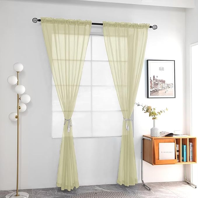youleyar Solid Sheer Rod Pocket Curtain Voile Draperies 2 Panels White Beige Black Grey Ivory 52 Inch Width 54 Inch Long 1 Pair for Kitchen Bedroom Children Living Room Yard (Sage Green,52Wｘ54L)