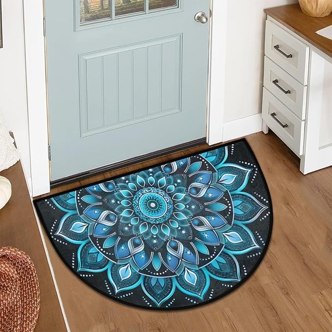 cfpolar Half Round Door Mat Ethnic Mandala Blue Floral Non-Slip Semi Circle Area Rug Washable Half Moon Hearth Rugs for Indoor Outdoor Bathroom Kitchen Patio Runner Mat Laundry Room Home Decoration
