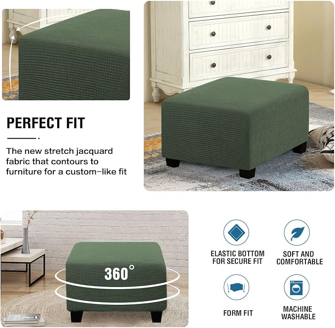 H.VERSAILTEX Square Ottoman Covers Ottoman Slipcovers Folding Storage Stool Furniture Protector Form Fit with Elastic Bottom, Stretch High Spandex Small Checks Jacquard Fabric(Medium,Bronze Green)