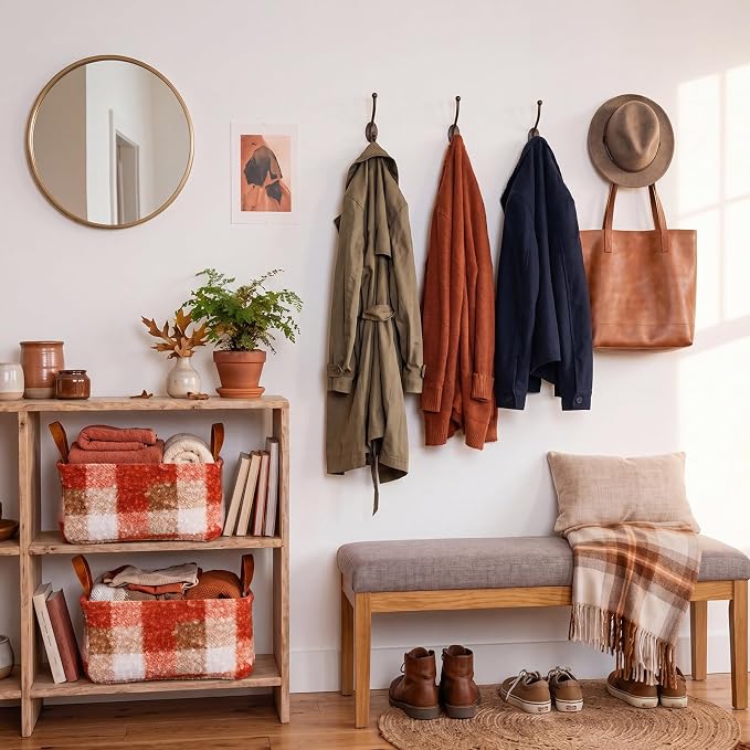 2 Pcs Orange Checkered Storage Basket 14x10'' Fall Gift Baskets | Back to School Gift, Plaid, Foldable, Fluffy Boucle, Laundry, Closet Organizer Bin with Handle, Autumn, Home Tabletop Car