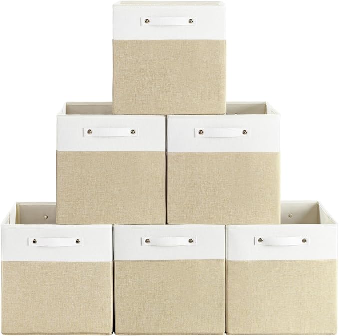 FinishingBo 13x13x13 Storage Cube Bins 6 Pack, Cube Shelf Baskets | Foldable Storage Cubes, Linen Storage Bins with Handles, Closet Organizers, White/Khaki