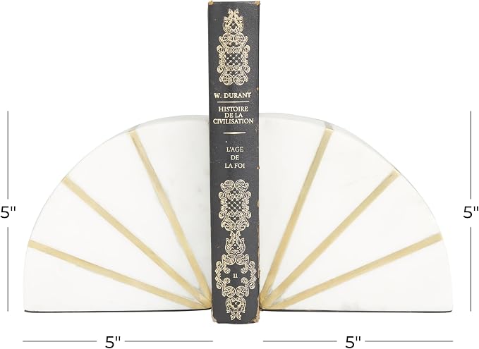 CosmoLiving by Cosmopolitan Marble Geometric Decorative Bookends 9 lbs Non Skid Bookends with Gold Inlay, Set of 2 Office Bookends5"W, 5"H, White