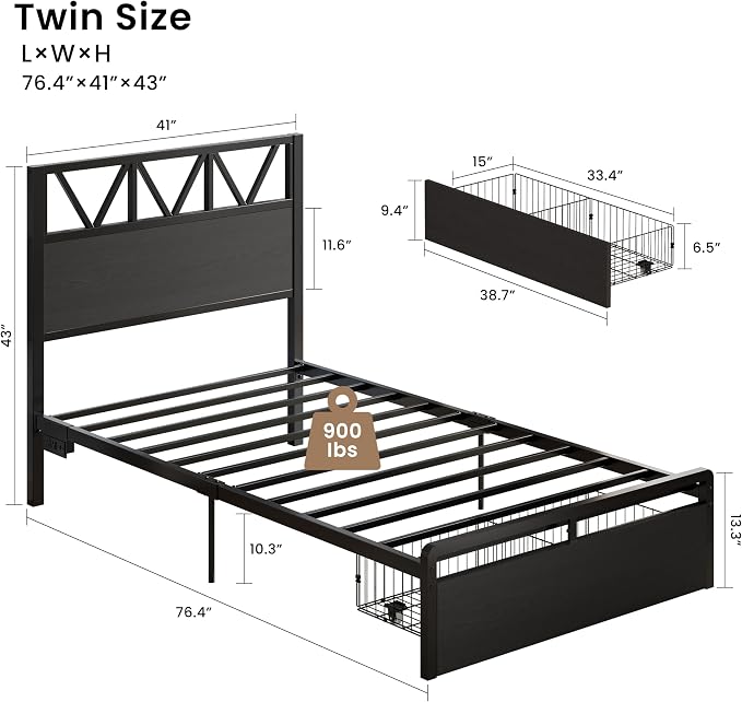 LIKIMIO Twin Bed Frames with Storage Drawer, Lights & Charging Station | Modern Platform Twin Bed Frame with 43" Headboard, Strong Supports, No Box Spring Needed, Easy Assembly, Noise-Free, Black