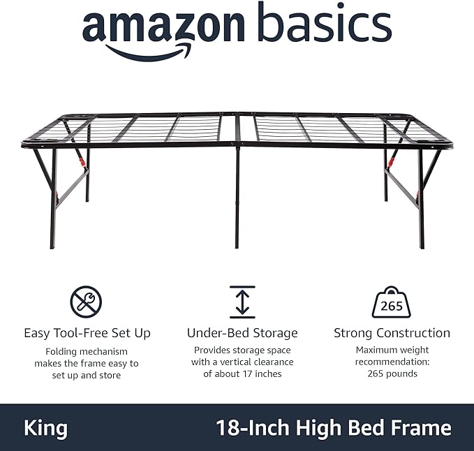 Amazon Basics Foldable Metal Platform Bed Frame with Storage Space, Sturdy Steel, No Box Spring Needed, 18 Inches High, Tool-Free Setup, Noise Free, King Size, Black