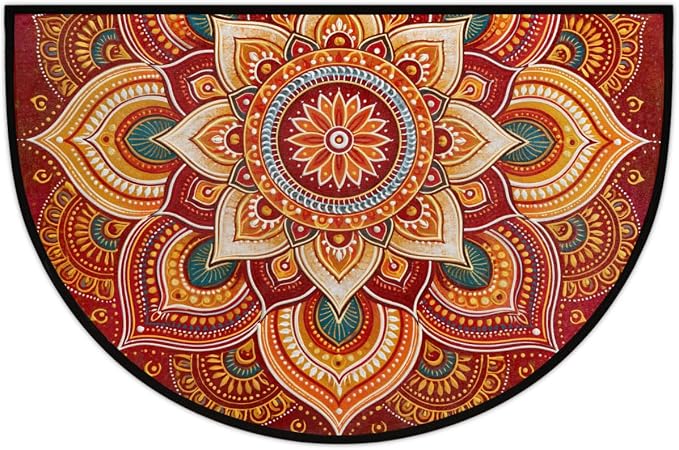 Lotu Half Round Door Mat Semi Moon Rug Fireplace Carpet Area Rugs | Red Bohemian Non Slip Absorbent Half Circle Mat Carpet for Indoor Outdoor Patio Kitchen Bathroom Entryway Home Decor