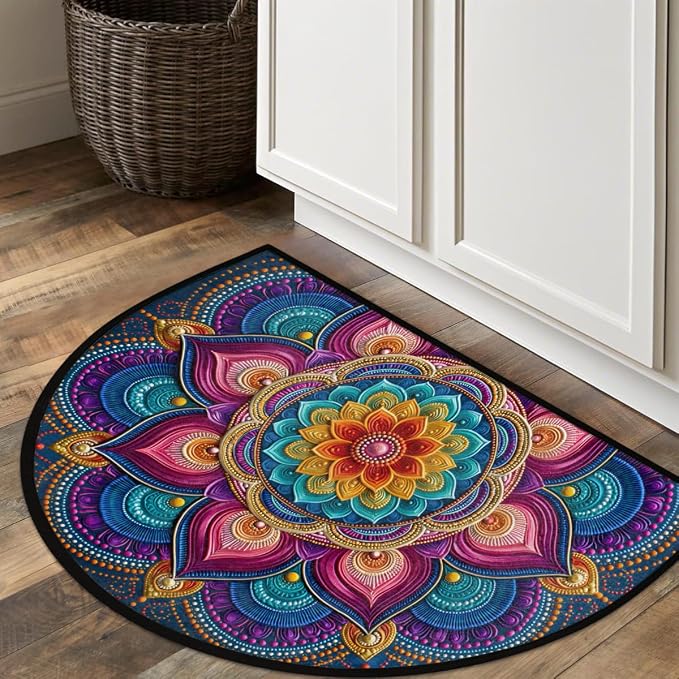 Boho Half Round Door Mat Semi Moon Rug Fireplace Carpet Area Rugs | Color Symmetrical Non Slip Absorbent Half Circle Mat Carpet for Indoor Outdoor Patio Kitchen Bathroom Entryway Home Decor
