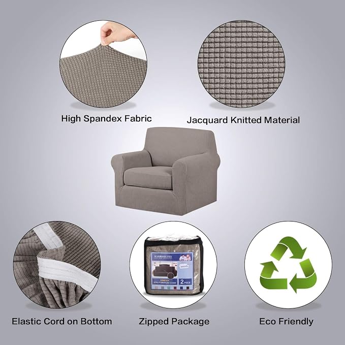 H.VERSAILTEX Stretch 2 Piece Armchair Slipcover Chair Covers for Living Room Furniture Cover Suit for T Cushion/Box Cushion, Spandex Jacquard Fabric Small Checks(Armchair-Standard, Taupe)