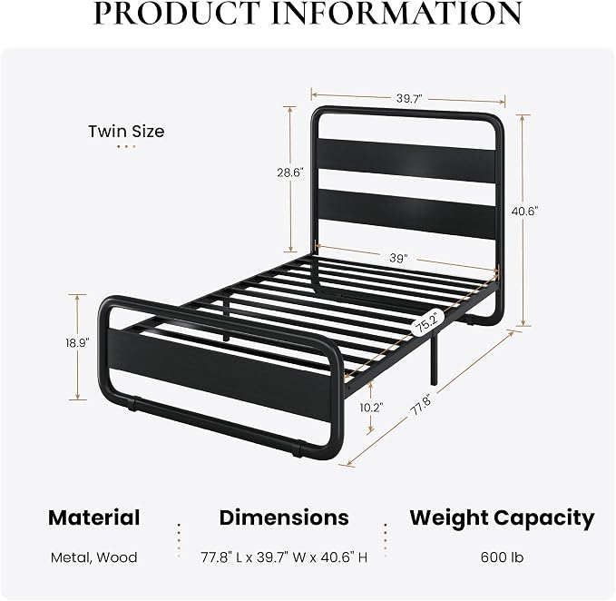 SHA CERLIN Twin Size Metal Bed Frame with Wooden Headboard and Footboard, Heavy Duty Oval-Shaped Platform Bed Frame with 10" Under-Bed Storage, Heavy Duty Slats Support, No Box Spring Needed, Black