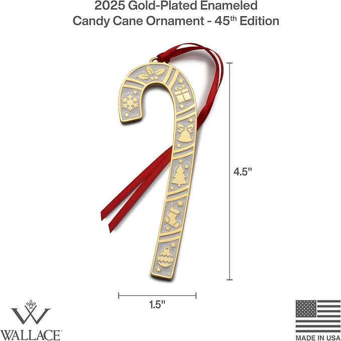 Wallace 2025 Gold-Plated Enamel Candy Cane Ornament - 45th Anniversary Edition - 24k Gold with Blue Enamel and Snowflake Design - 4.5 Inches - Holiday Collectible