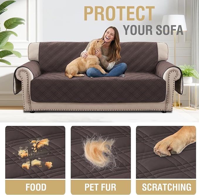 H.VERSAILTEX 100% Waterproof Couch Covers for 3 Cushion Couch Sofa Modern Sofa Slipcovers Thick Soft Furniture Protector with Elastic Straps(Sofa,Chocolate/Beige)