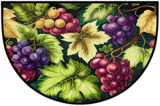Grape Half Round Doormat Non-Slip Semi Circle Rug Half Moon Mat | Color Fruit Leaves Washable Soft Absorbent Indoor Outdoor Entrance Kitchen Bathroom Sink Patio Welcome Fireplace Floor Rug