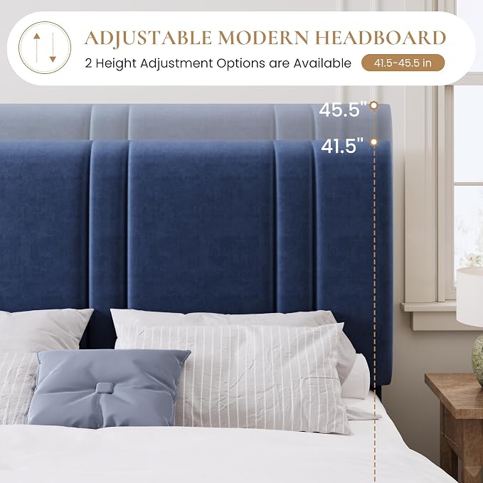 SHA CERLIN King Size Velvet Bed Frame with Adjustable Headboard, Blue | Vertical Channel Tufted Design, Upholstered Platform Bed, Wood Slats Support/No Box Spring Needed/Easy Assembly