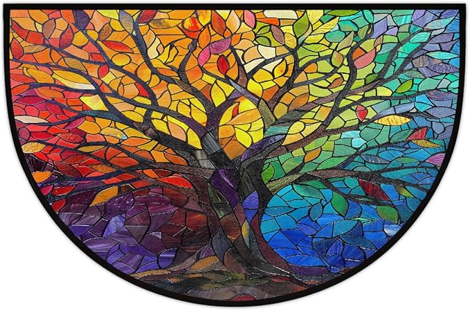 Tree Half Round Doormat Non-Slip Semi Circle Rug Half Moon Mat | Color Stained Glass Washable Soft Absorbent Indoor Outdoor Entrance Kitchen Bathroom Sink Patio Welcome Fireplace Floor Rug