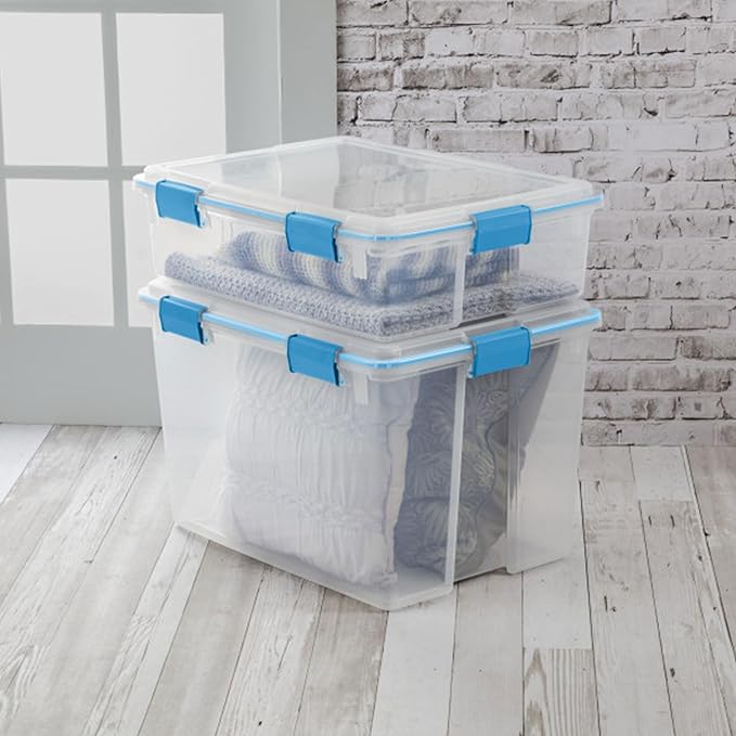 Sterilite Gasket Storage Box with Lids for Home & Office, 37 Quart, 12-Pack | Heavy-Duty, Stackable, and Organizing Containers for Bathroom, Cabinet, Closet, and Garage, Clear and Blue Aquarium Latches